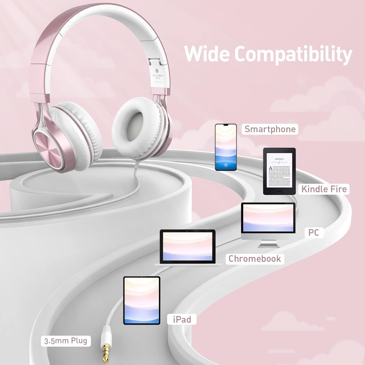 Headsets Headsets 3.5mm AILIHEN Wired Headphones with Mic, Girls Headphones for School, On-Ear for Chromebook Laptop