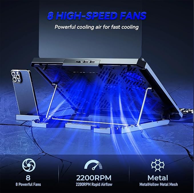 Laptop Cooling pad for Hp Pavilion 14m-dy0023dx 14m-dy0033dx Gaming laptops Laptop Cooler with 8 Fan Adjustable Speed 5-Level Height Adjustment Mute Silent2 USB-A PortBuilt-in Phone Stand