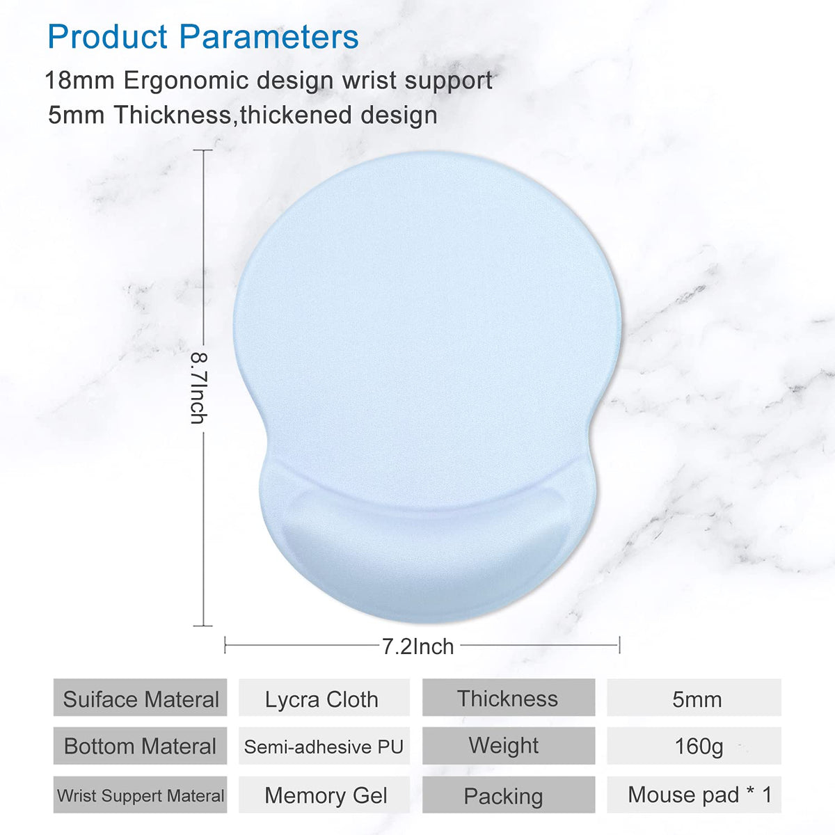 ITNRSIIET Ergonomic Mouse Pad with Gel Wrist Support Small Wrist Rest Smooth Surface Non-Slip PU Base Comfortable Office Supplies Pain Relief, 8.7 x 7.2 inches, Blue