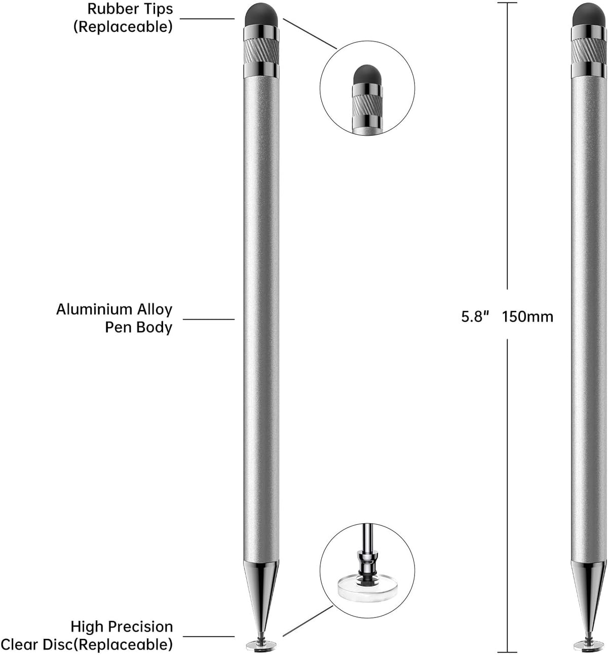 Bopomofo Stylus (5 Pcs), 2-in-1 Stylus Pen for Touchscreen, High Precision and Sensitivity, Suitable for iPhone/ipad/Android Tablets, Compatible with All Touch Screens,Silver