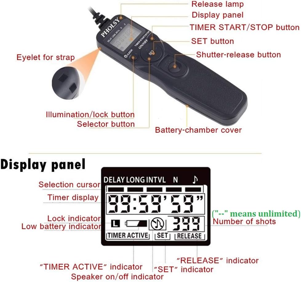 PHOLSY N10 Timer Remote Control Cable with Intervalometer for Nikon Z5, Z7-II, Z6, Z6-II, D750, D780, D7500, D7200, D7000, D5600, D5500, D5300, D3300, D610, D90, P7700, P7800, P950, Replaces MC-DC2