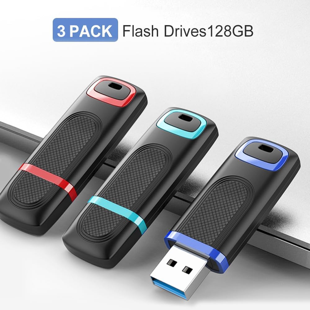 TOPESEL 128GB Flash Drive 3 Pack, USB 3.0 Thumb Drives High Speed Memory Stick Jump Drive Zip Drive for Data Storage and Backup (Three Mixed Colors: Red Blue Cyan)