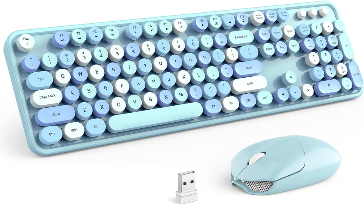 KNOWSQT Wireless Keyboard and Mouse Combo, Blue Colorful 2.4G Typewriter Full-Size Cute Keyboards - USB Receiver Plug and Play, for Computer, PC, Laptop, Desktop, Windows