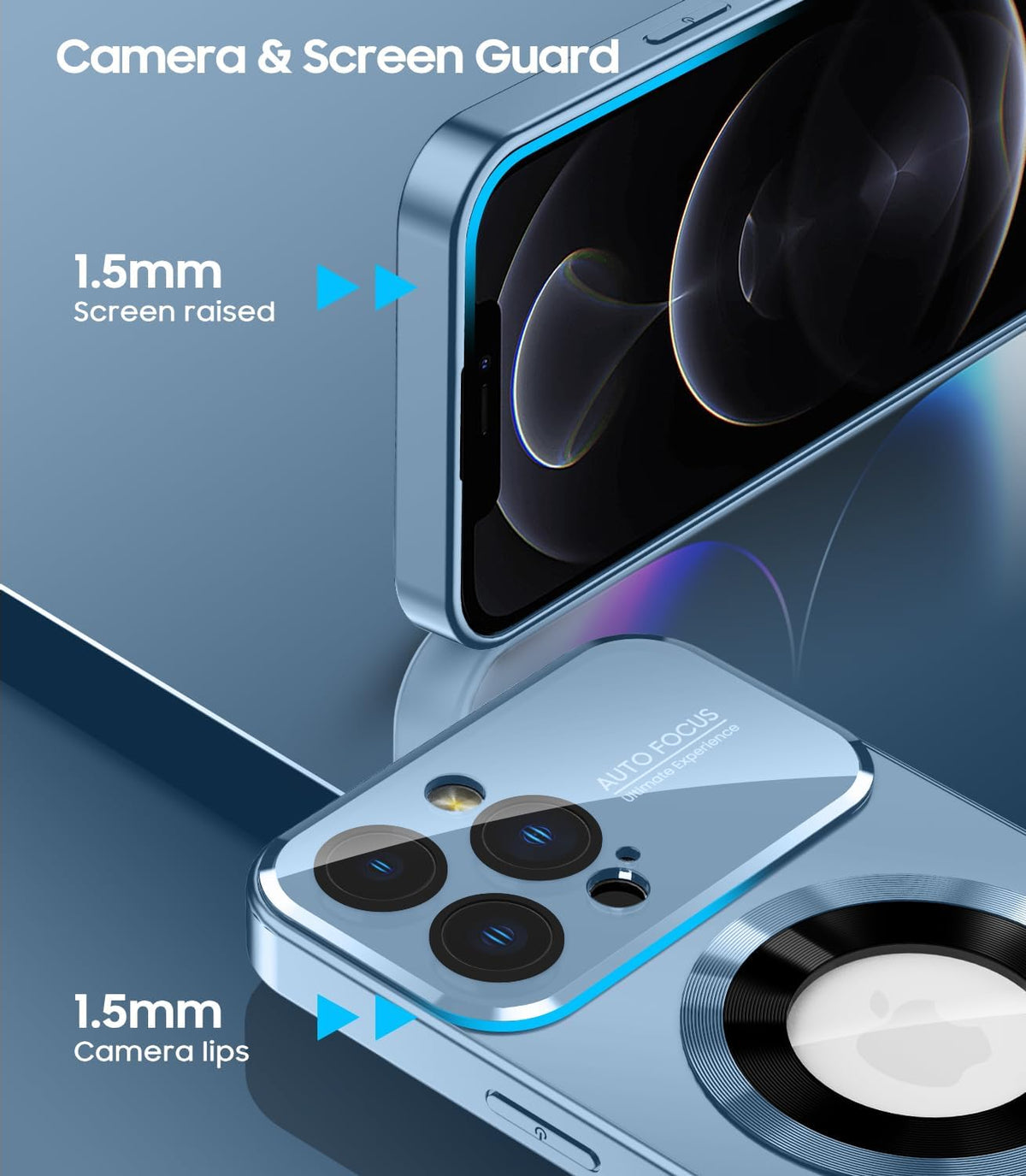 Magnetic for iPhone 12 Pro Case, Compatible with MagSafe, Built-in Camera Lens Protector, Logo View, Military Grade Drop Proof Phone Case Cover, Sierra Blue