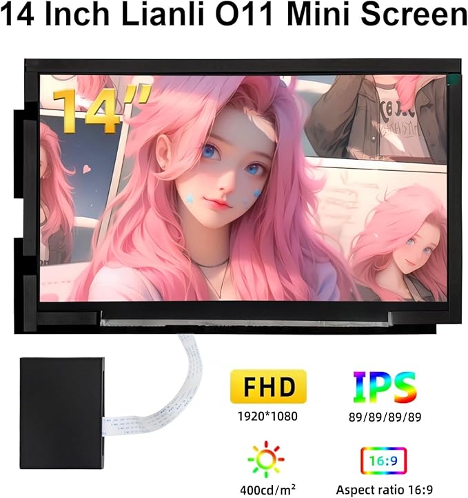 14 Inch LCD Screen for Lian Li O11 Mini PC Case FHD 1920x1080 Laptop Screen Replacement PC Secondary Display HDMI 72% NTSC (Black)