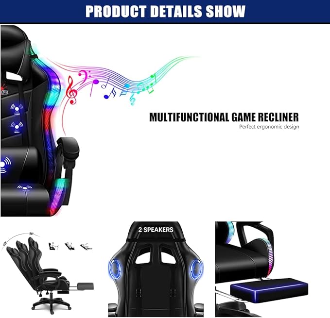 TBQATNTS Gaming Chair Gaming Chair with 7-Point Massage Function Computer Chair with Speakers and RGB Lights Ergonomic Racing Chair Gaming Chair for Adults with Headrest and Lumbar Pillow.Black