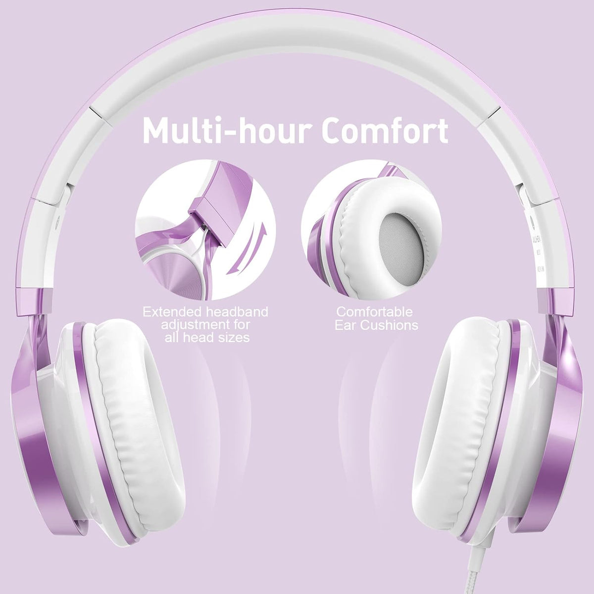 AILIHEN MS300 Purple Girl Headphones Wired with Microphone for Chromebook Laptop Computer, 3.5mm Foldable Lightweight on-Ear Headphones for School Teen Students