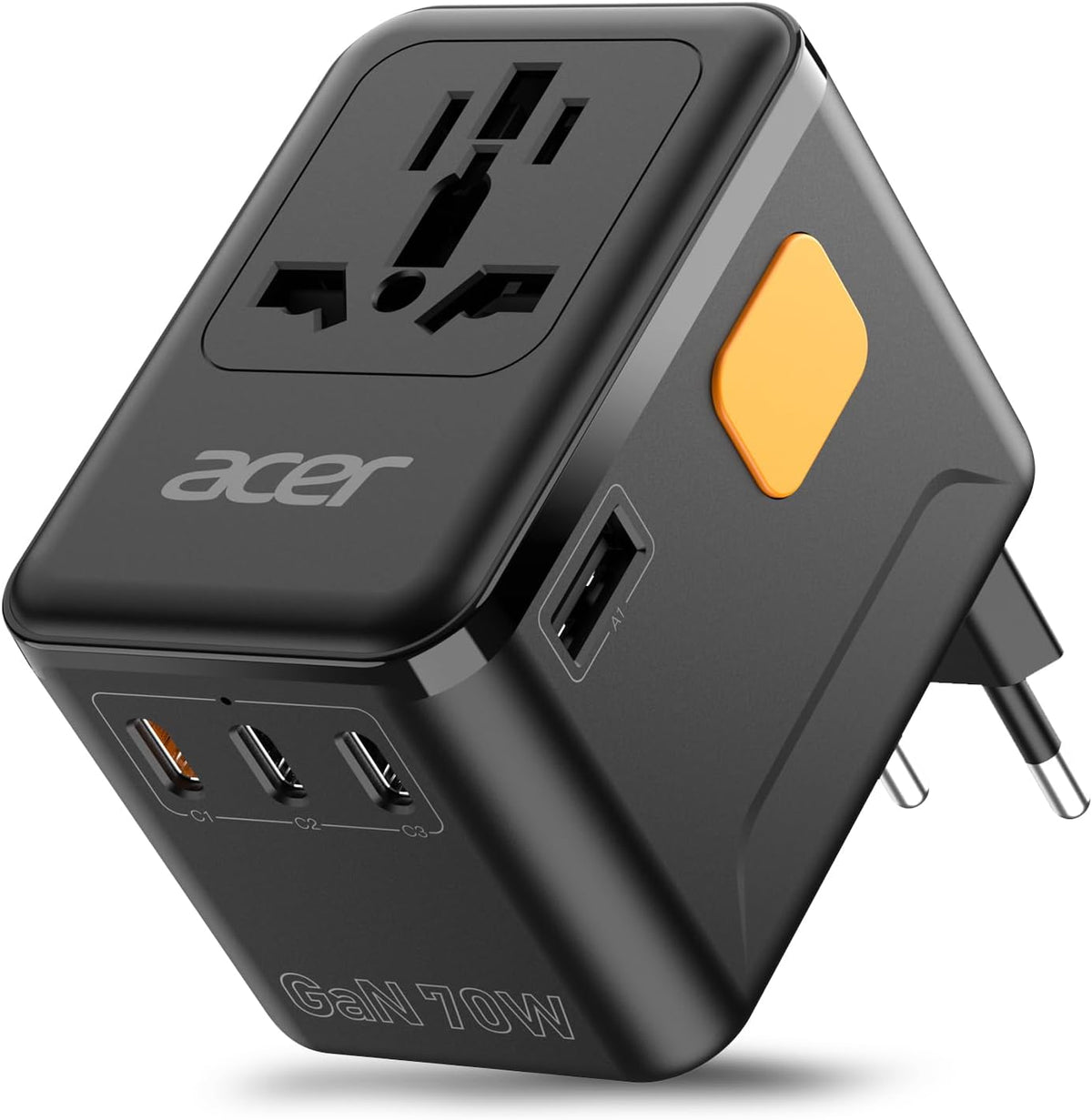 Acer 70W GaN Universal Travel Plug Adapter - International Power Adapter with 3 USB C & 1 USB A, Worldwide Power Outlet Travel Essentials for USA to European UK AUS Ireland, Type C/G/I/A, Black
