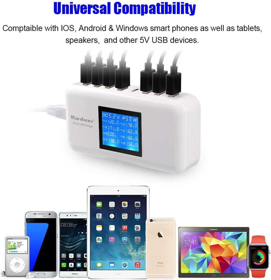 60W 8-Port USB Wall Charger, Multi Port USB Charger Charging Station W/LCD Compatible with Smart Phone, Tablet and Multiple Devices