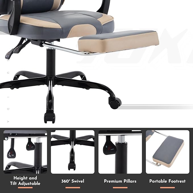 Beige Gaming Chair Ergonomic Computer Chair with Footrest ＆ Lumbar Support Height Adjustable Game Chairs with 360°-Swivel Seat and Headrest for Adults Office