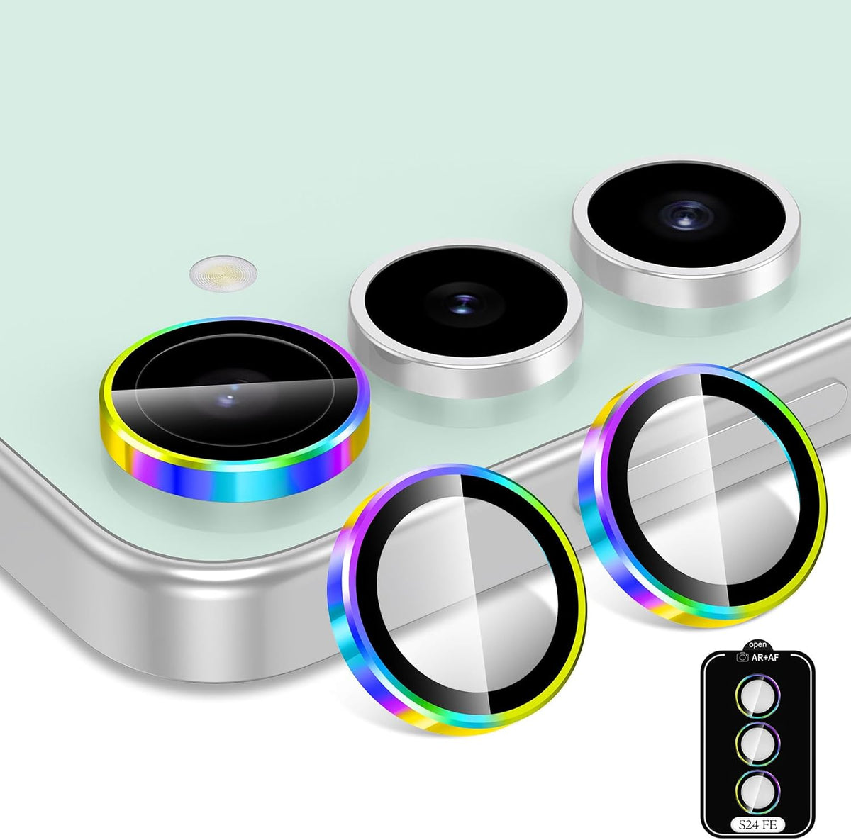 for Samsung Galaxy S24 FE Camera Lens Protector, Individual Metal Ring Tempered Glass Lens Cover, [Strong Adsorption] Scratch Resistant Ultra-Thin HD Clear Lens Cover, 1 Set-Colorful Ring