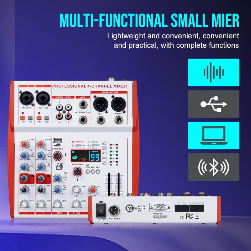 mw-4 white 4Channel Audio Mixer with 99 Sound Effects for PC,Portable Sound Mixing Console with BT USB Recording Input for Live Streaming,Podcasting