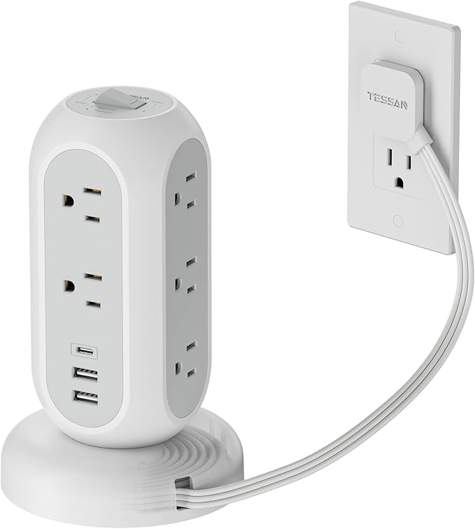 TESSAN Tower Power Strip Flat Plug with 1050J Surge Protection, 5 Ft, Black
