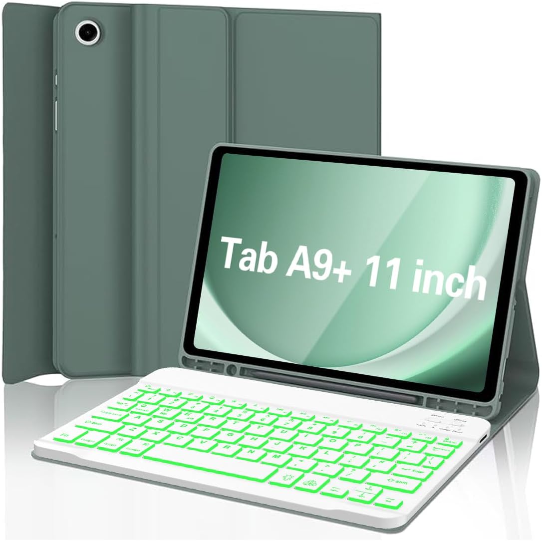 Keyboard Case for Samsung Galaxy Tab A9 Plus 5G 11 inch 2023 (SM-X210/X216/X218), 7 Color Backlit Detachable Keyboard Bluetooth, Smart Folio Cover with S Pen Holder for Galaxy Tab A9+ 11"(Dark Green)