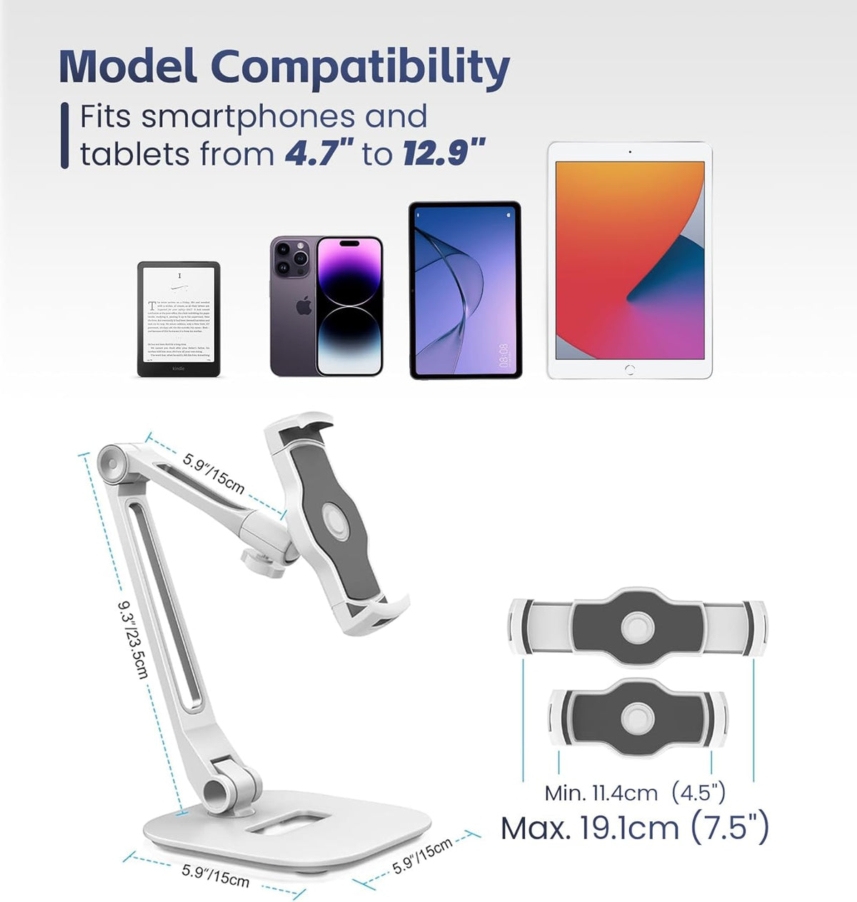 Tablet Stand Universal Holder for 4.9" - 12.9" Devices, 360° Rotating Security Stand for iPad, iPad Air, Samsung, Height Adjustable Foldable Table Top (White)