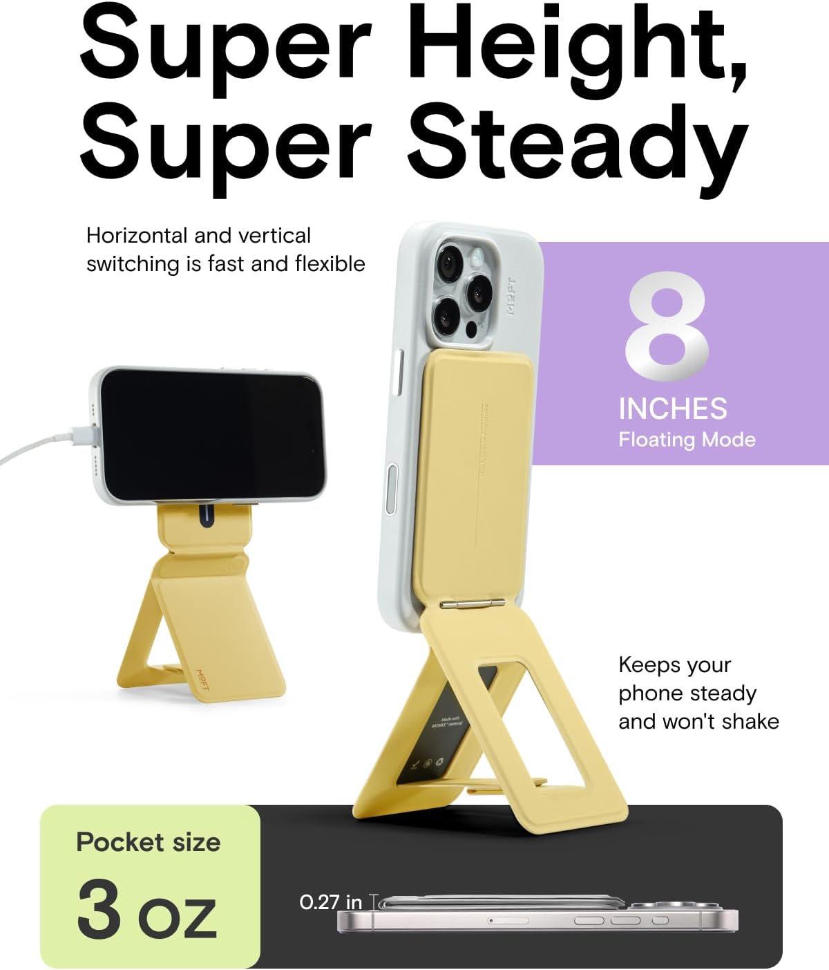 MOFT Phone Tripod Stand Selfie Stick for iPhone, Multi-Angles iPhone Stand, Lightweight & Portable Phone Holder, Strong Magnets, MOVAS Vegan Leather, Travel Essentials, Panna Cotta (Without Card Slot)