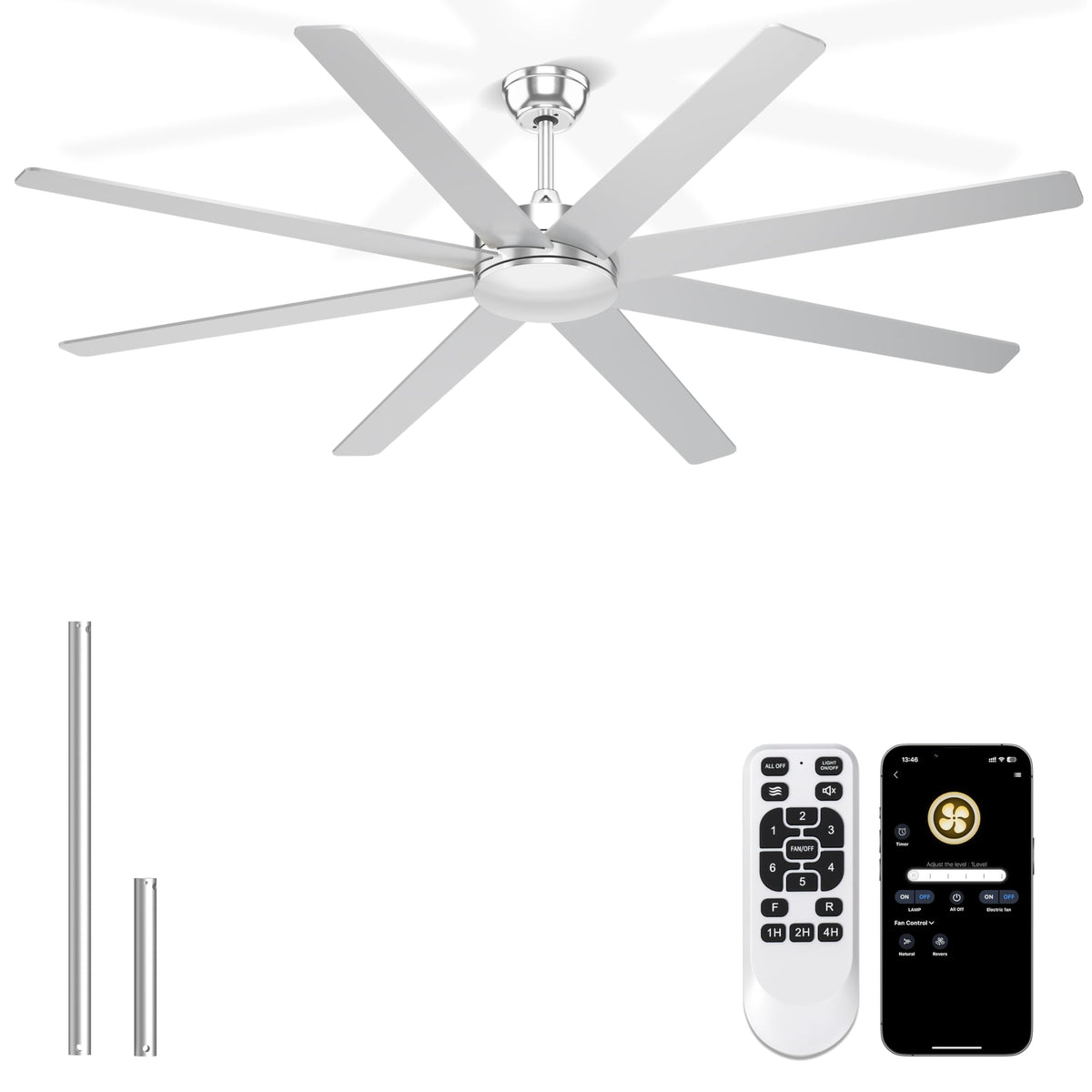 Phylluz 72 Silver Ceiling Fans With No Lights, 8 Blades Large Ceiling Fan Remote/APP Control, Silent Shop Ceiling Fan for Gara