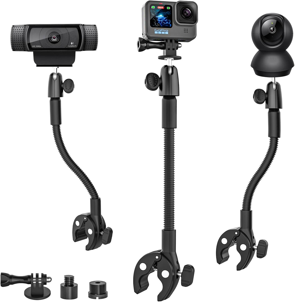 Gooseneck Clamp Camera Mount with 1/4“ 3/8" 5/8" Screw, Go Pro Mounts for Handlebar, Desk, Tube, Cross Bar, Compatible with GoPro Hero 13/Baby Monitor/Logitech Webcam/Insta 360/Field Monitor