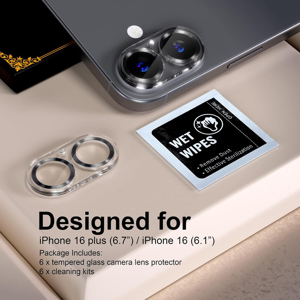 beuxece for 6 Pack iPhone 16 / iPhone 16 Plus Camera Lens Protector [Drop Protection] [Case Friendly] [Easy Installation] 9H Tempered Glass Camera Screen Protector Cover Accessories, CD Black