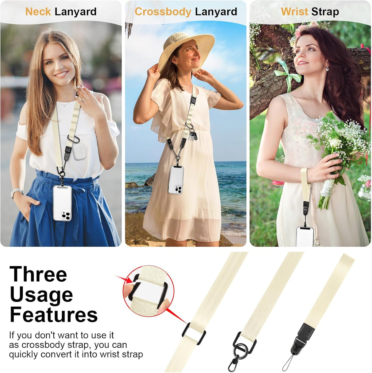 Adjustable Crossbody Phone Lanyard, Universal Phone Wrist Strap and Phone Neck Strap with Tether Tab, Phone Lanyard with Quick Release, Suitable for iPhone and Most Smartphones, Off White