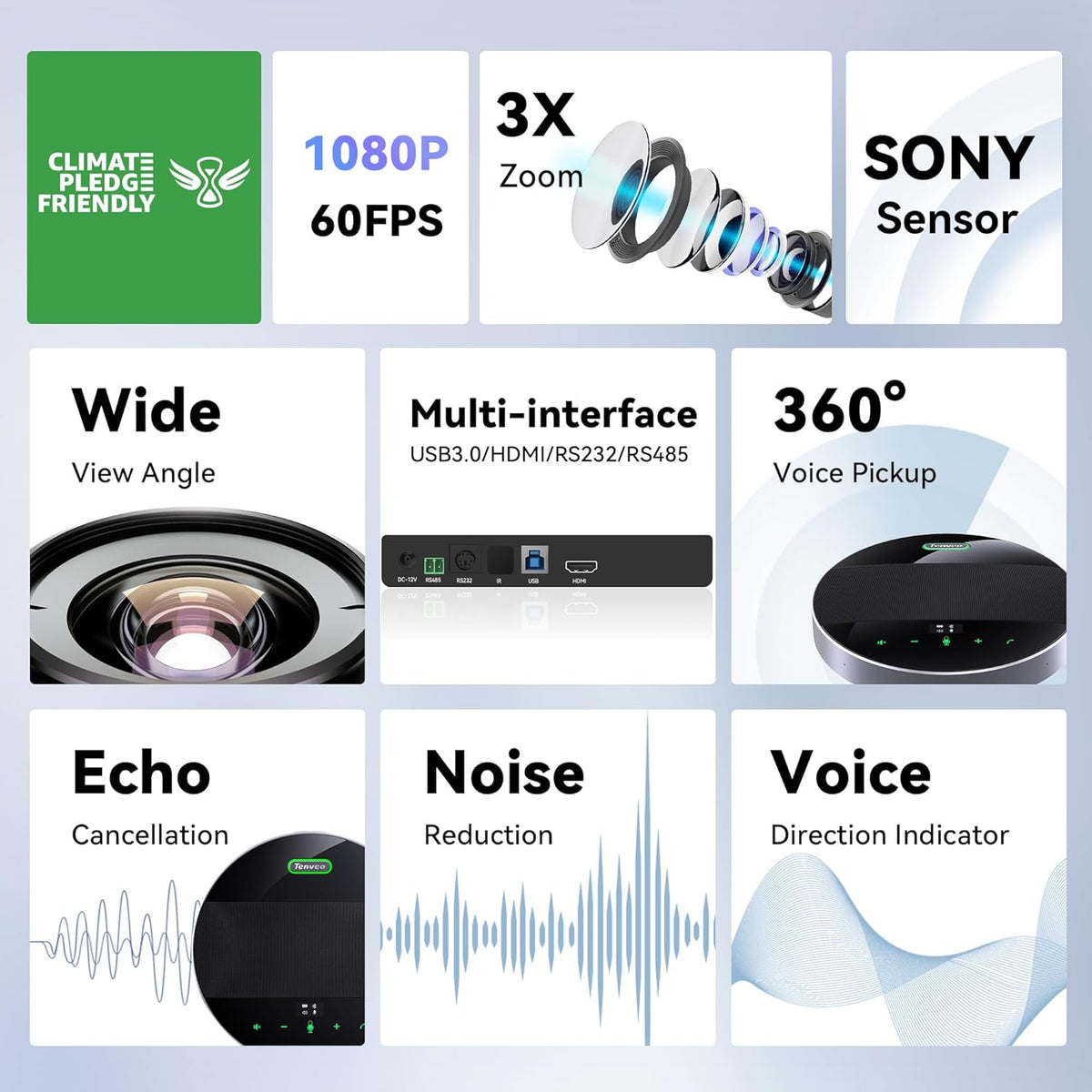 Tenveo All-in-One Conference System 3X Optical Zoom PTZ Camera and MagiCall Bluetooth Speakerphone Upgraded System Audio and Video Output USB3.0/HDMI/RS485/RS232 Works with Zoom OBS for Large Meeting