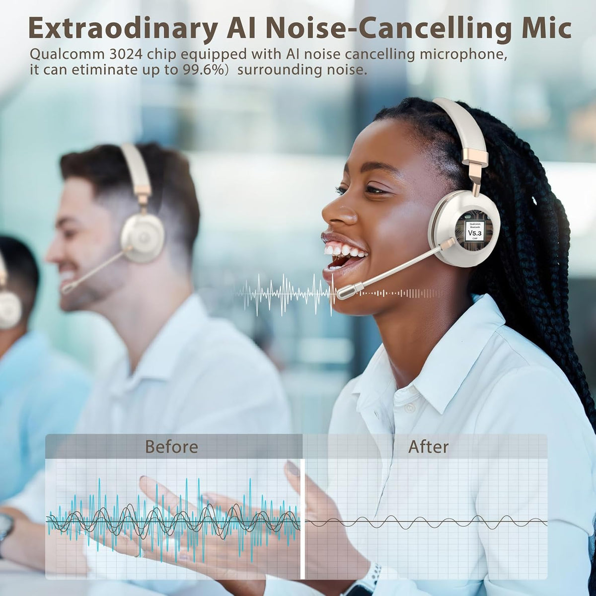 Wireless Headset, Bluetooth Headset with Microphone, AI Noise Canceling Mic & USB Dongle, 45 Hrs Working Time V5.3 Wireless Headphones with Mic Mute for PC/Laptop/Office/Call Center/Zoom/Home