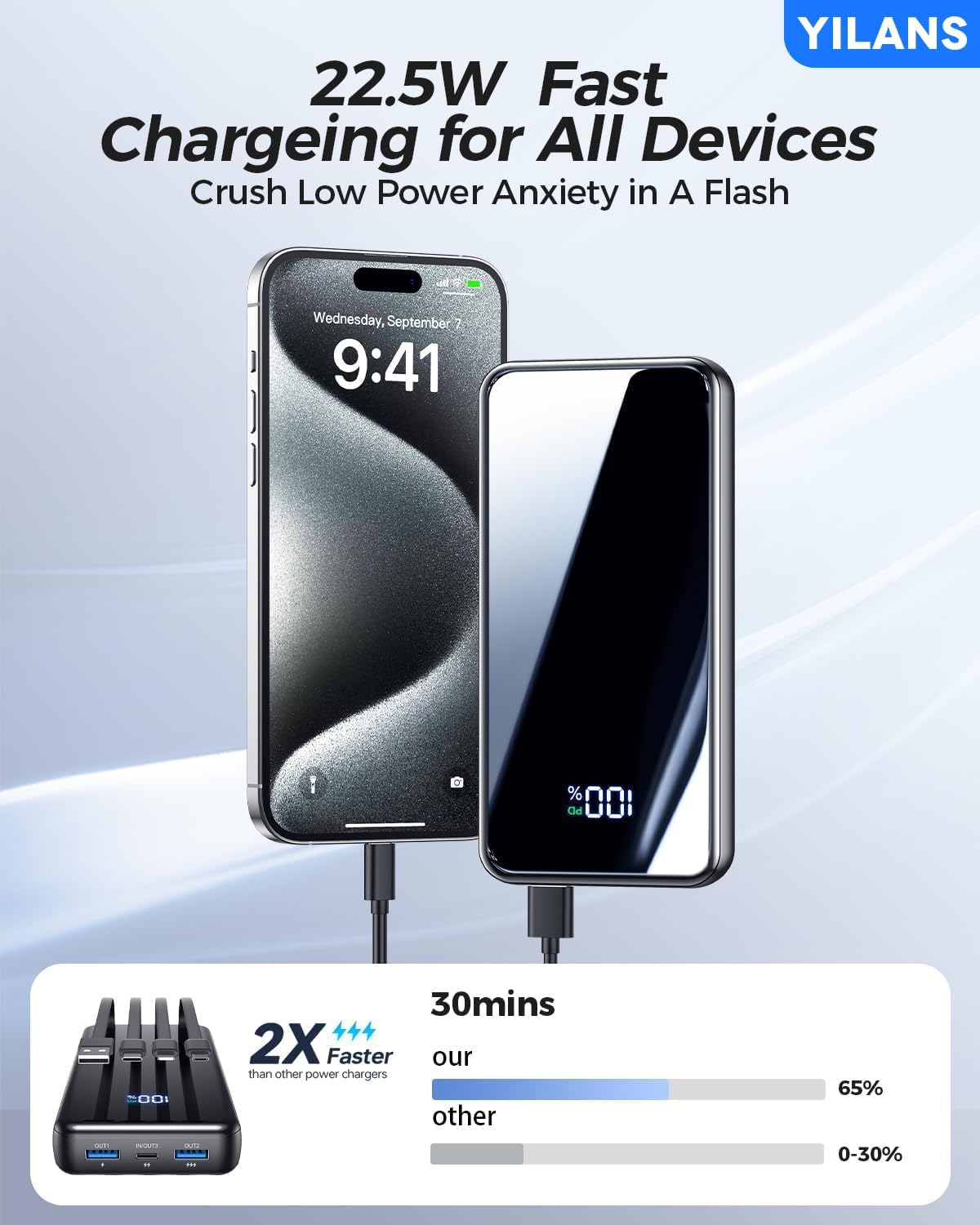 Portable Charger,42800mAh Power Bank Built-in Cable,22.5W PD USB C in & Out Fast Charging, External Battery Pack 6 Output & 2 Input, Travel Phone Charger for iPhone 16/15/14/13/12, Android (Black)