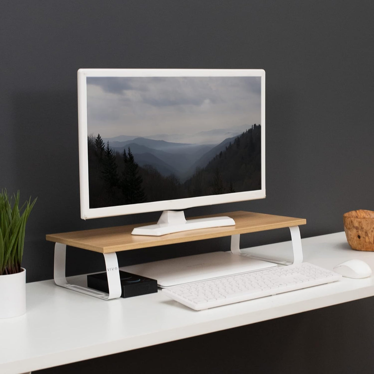 VIVO 24 inch Monitor Stand, Wood and Steel Desktop Riser, Screen, Keyboard, Laptop, Small TV, Ergonomic Desk and Tabletop Organizer, Light Wood, STAND-V000WM