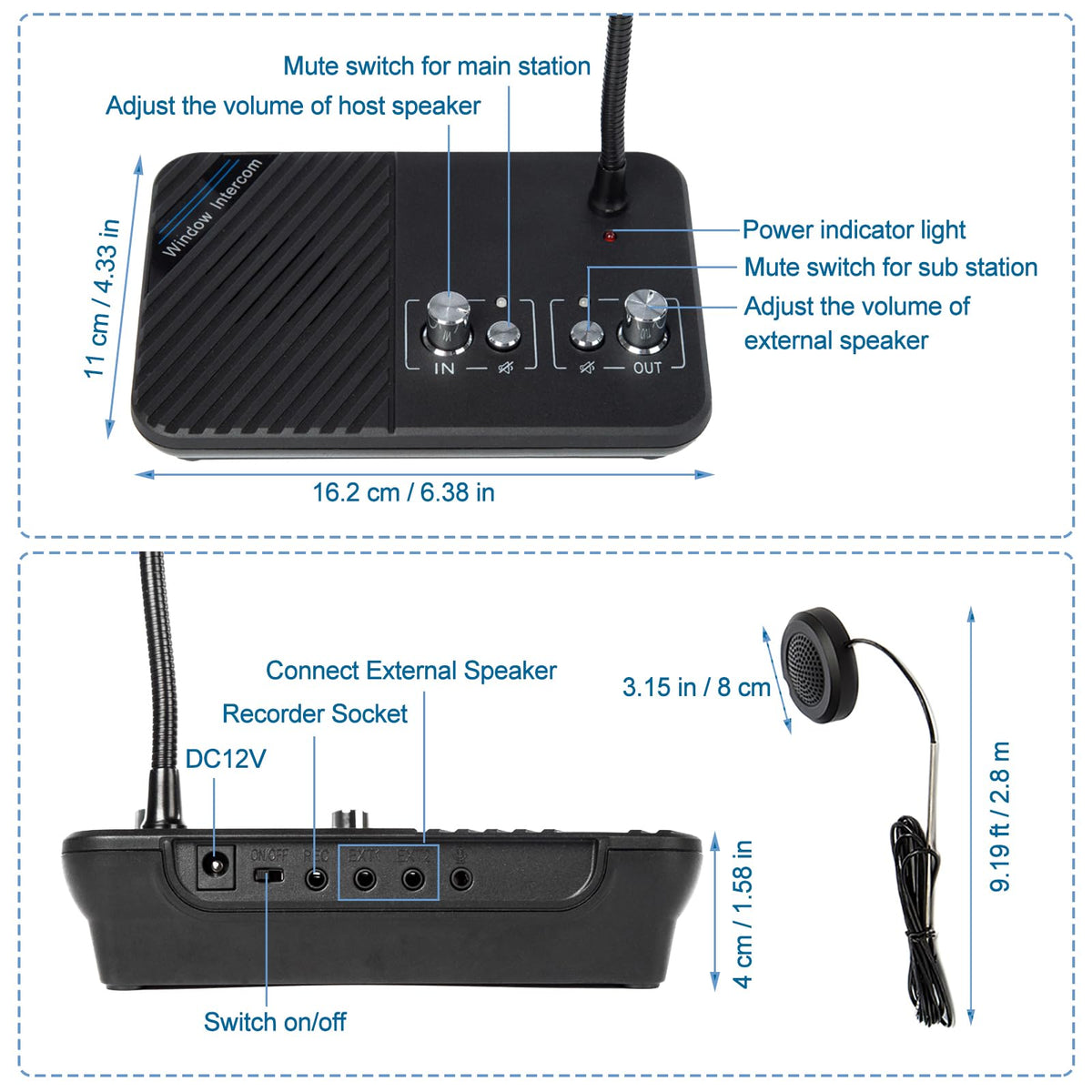 KOQICALL Window Speaker Intercom System, Window Intercom, Anti-Interference Dual Way Intercommunication Microphone and Speaker Interphone Mute