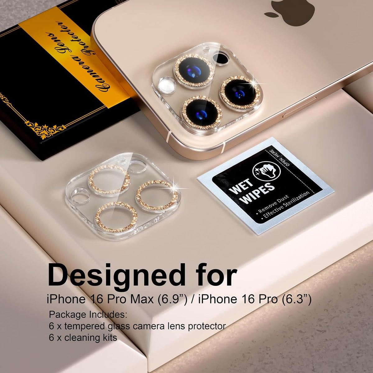 beuxece for 6 Pack iPhone 16 Pro/iPhone 16 Pro Max Camera Lens Protector [Drop Protection] [Case Friendly] [Easy Installation] 9H Tempered Glass Camera Screen Protector Cover, Glitter Gold