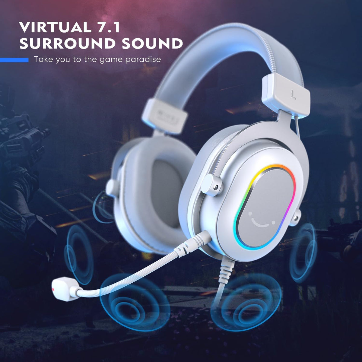 FIFINE USB Gaming Headset, PC Headphones Wired with Microphone for Computer/Laptop, Over-Ear RGB Headset with 7.1 Surround Sound, Noise Cancellation for Streaming Video Game- AmpliGame H6 (White)