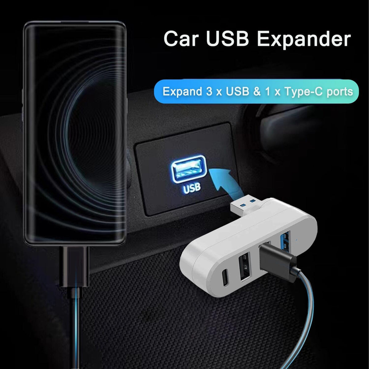 VIENON 4-Port USB 3.0 Hub [90/180 Rotatable], USB Splitter with 3 USB Ports & 1 USB C Power/Data Port, USB Extender for Laptops, Cars, iMac, MacBook Air, MacBook Pro