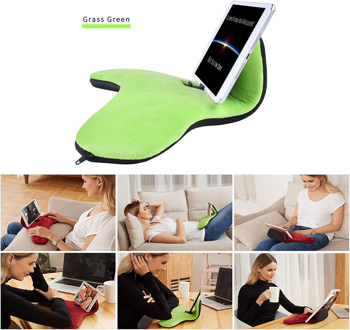 Multi-Angle Soft Pillow Lap Stand for Tablets, iPads, Mobile Phones, eReaders, Books, Magazines, Fits Upto 12.9" Pad(Grass-Green)