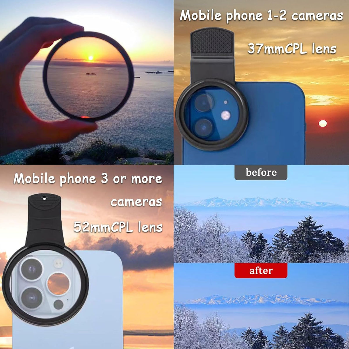 52mm CPL Phone Camera Lens, Universal Phone Camera Polarizer Filter Clip-On Mobile Polarizer Lens, Polarized Lens Compatible with Most Mobilephone Models