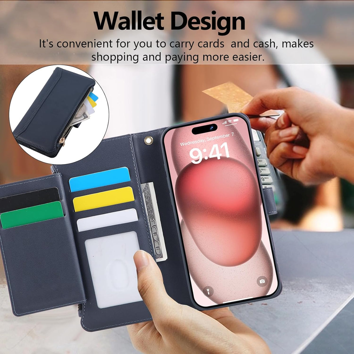 Compatible with iPhone 14 Pro Max Wallet Phone Case-PU Leather Magnetic Flip Cover with Credit Card Slots,Zipper Pocket & Detachable Wrist Strap,Shockproof Design,for Women and Men-Navy Blue