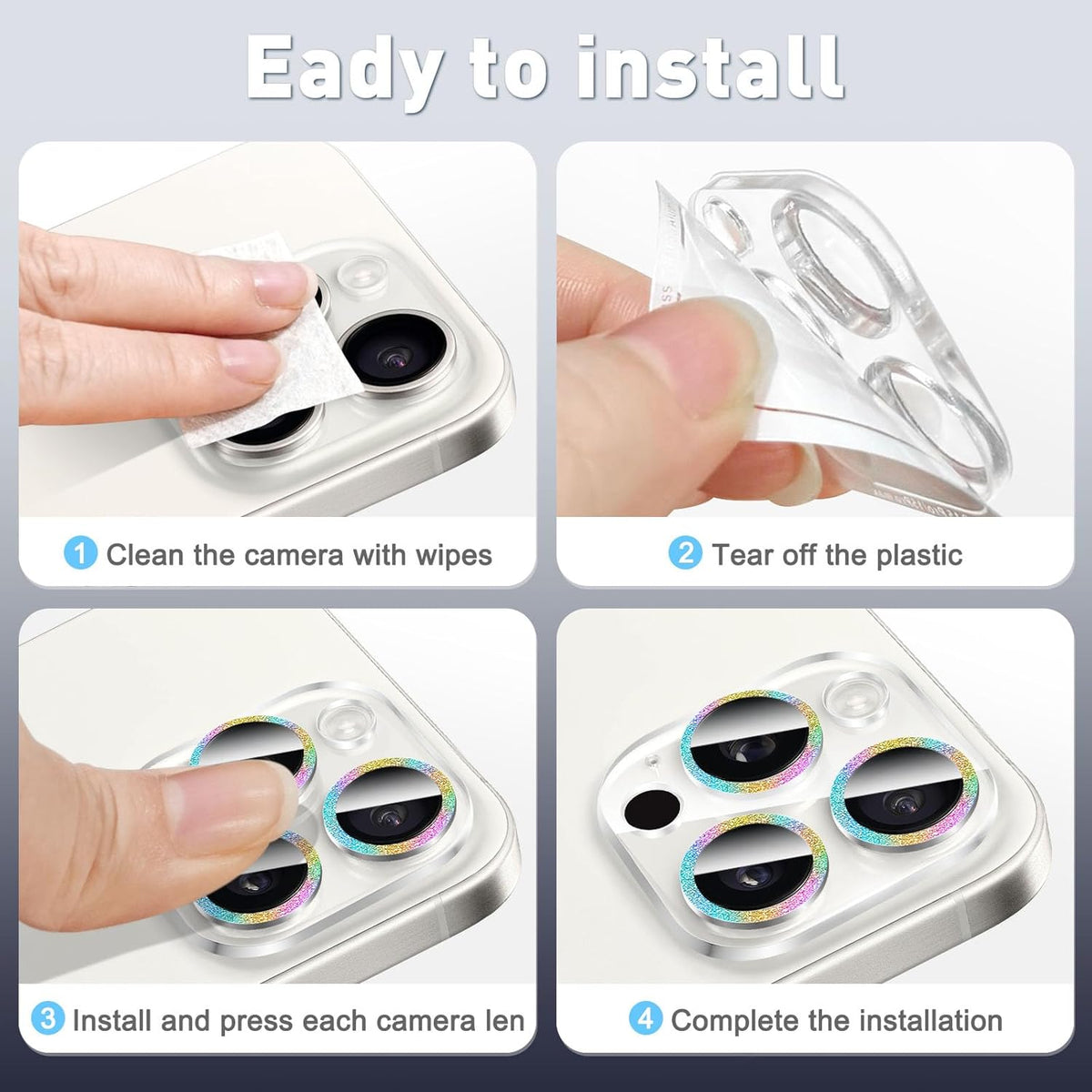 LucBuy 3PCS Sparkling Camera Lens Protector for iPhone 11, Full Clear Acrylic Cover with Shiny Colorful Glitter Designed Decoration Back Camera Protector