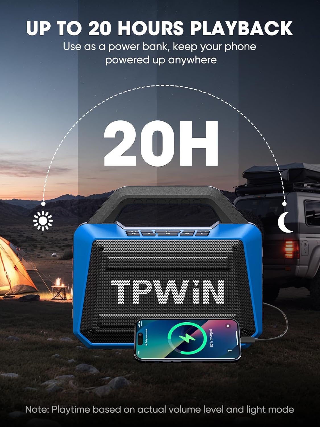 Portable Bluetooth Speakers Loud - Wireless Speaker 80W Peak, Light Show, 20H Playtime, Strong Bass, BT 5.3, TWS, IPX6 Waterproof for Outdoor Travel Beach Camping - Blue