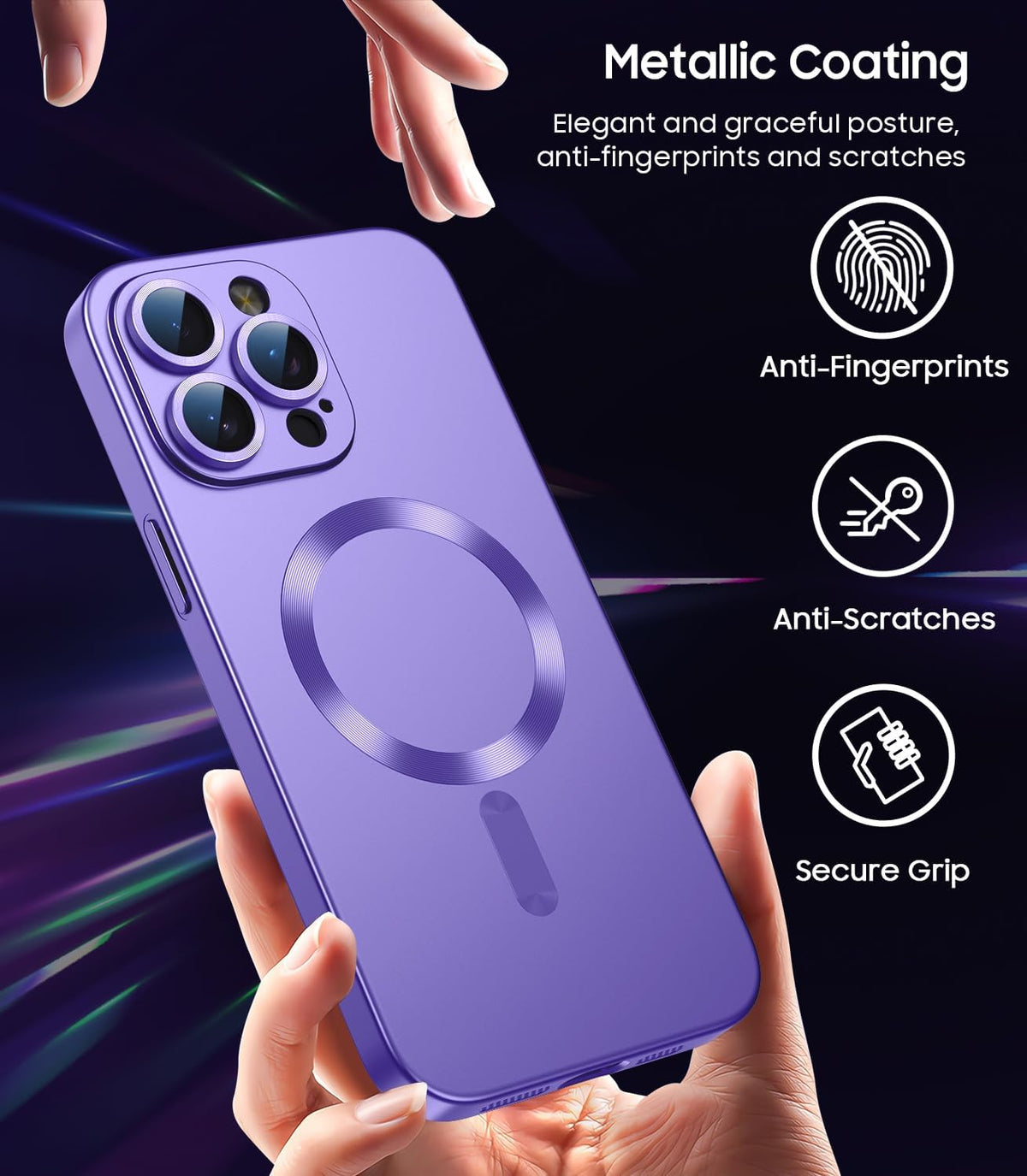 Magnetic for iPhone 14 Pro Max Case [Compatible with MagSafe][Built-in Camera Lens Protector] Slim Soft TPU Bumper Shockproof Metallic Luster Phone Case (Purple)
