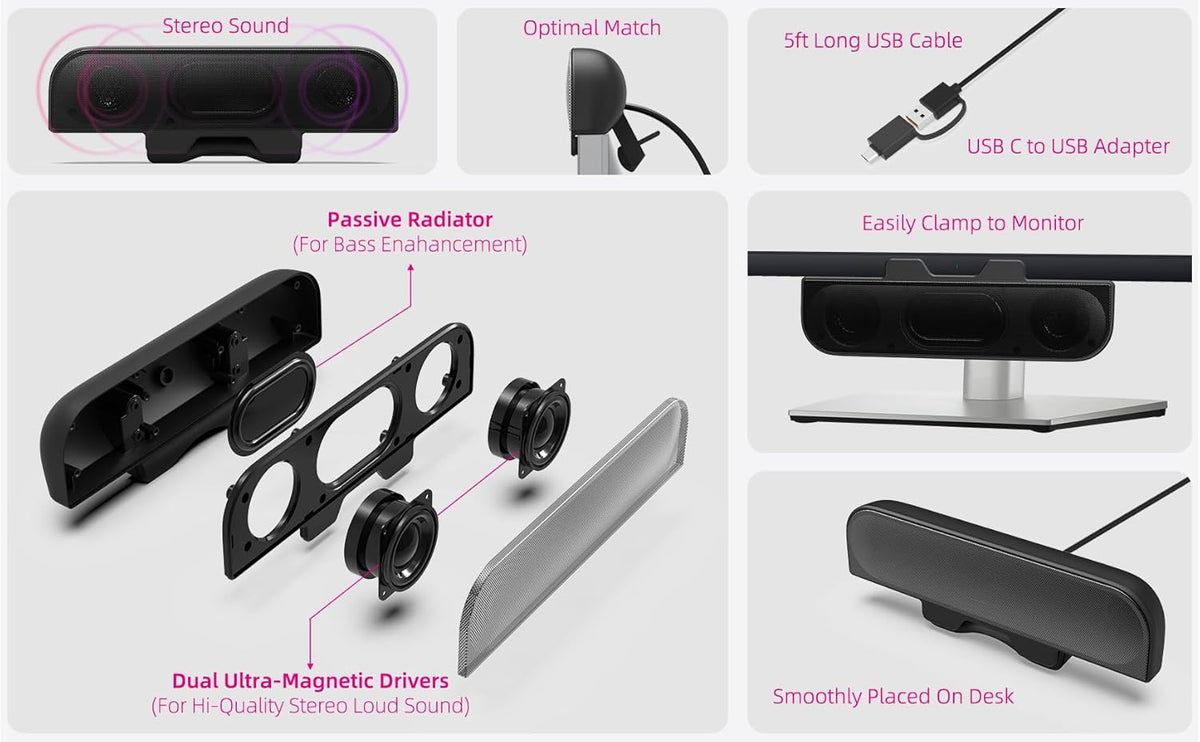 Computer Speakers for Desktop PC, Monitor Speakers, USB Plug-in, Wired, External Speaker for Laptop, Small Computer Soundbar for PC, with Loud Sound, Deep Bass, USB-C Adapter, Easily Clamp to Monitor
