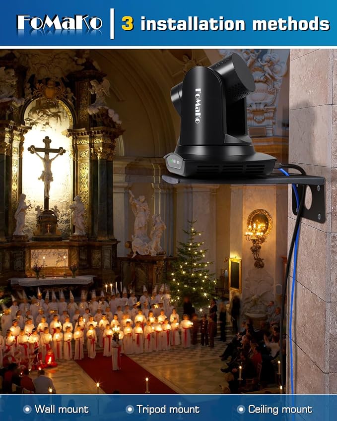 FoMaKo NDI PTZ Camera AI Auto-Tracking Gen 3 20x Optical Zoom LAN USB3.0 HDMI PTZ Camera for Church Services Worship Education (NDI 6 &amp NDI HX3) FMK20UH NDI-B (Black Color)