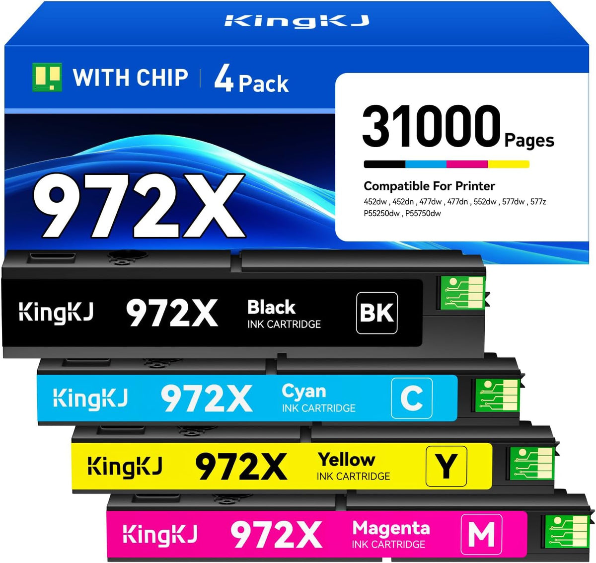 972X Ink Cartridges High Yield 4-Pack with chip Compatible Replacement for HP 972X 972A 972 use with HP Pagewide Pro 477dw 577dw 477dn 452dn 452dw 552dw 577z P55250dw Printer Black Cyan Magenta Yellow