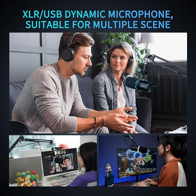 FEELWORLD PM1 XLR USB Dynamic Microphone with Desktop Stand Gifts for Podcast Recording PC Computer Gaming Live Streaming Vocal Voice-Over Studio Metal Mic RGB Light Mute Button Headphones Jack