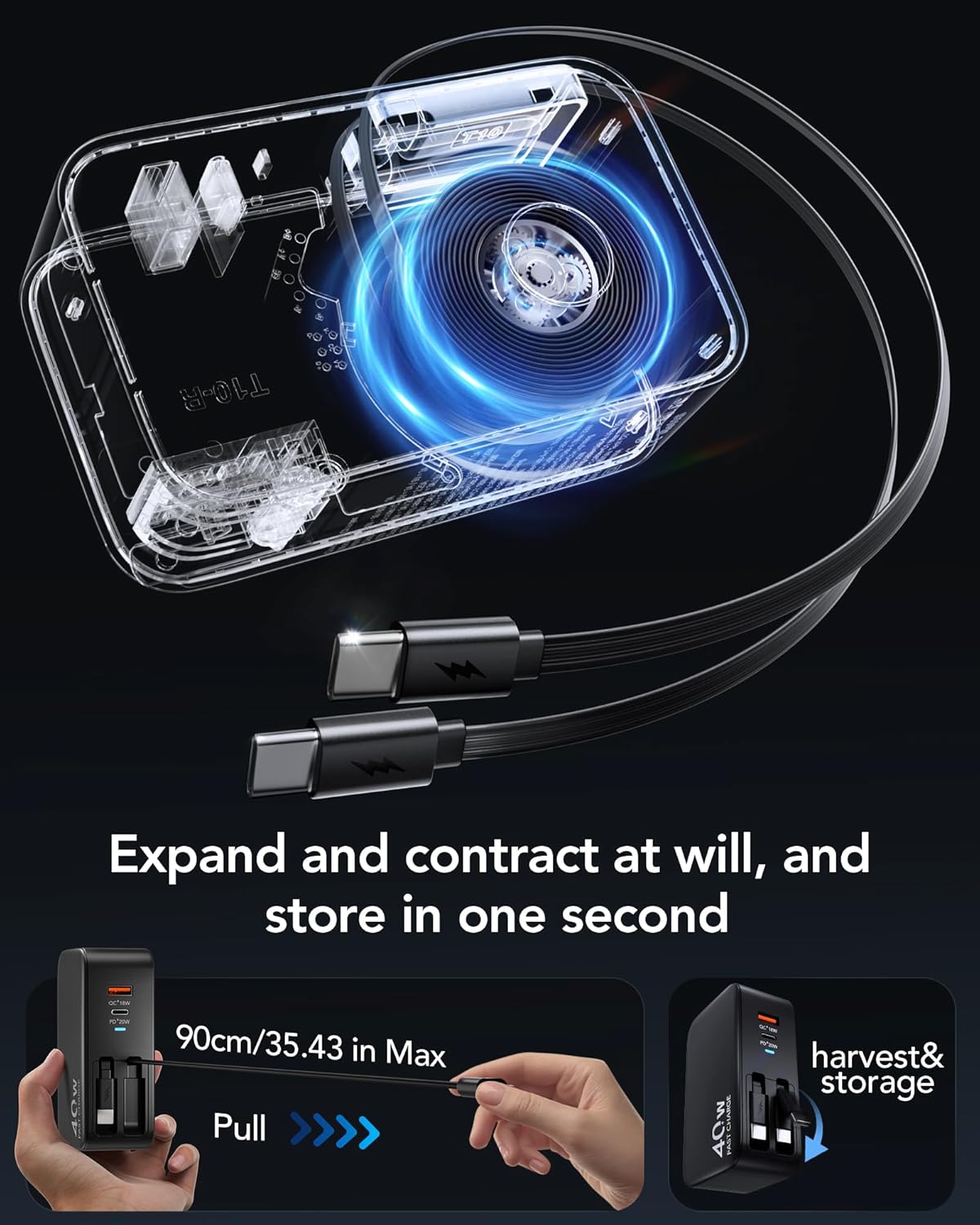 Retractable USB C Charger Wall Plug with Dual 35.5in/90cm Type C Cables Cords,40W Fast Charging Foldable Block Multi Charger for All Devices for iPhone 16/15/14/13/12/11,iPad,Galaxy,Pixel
