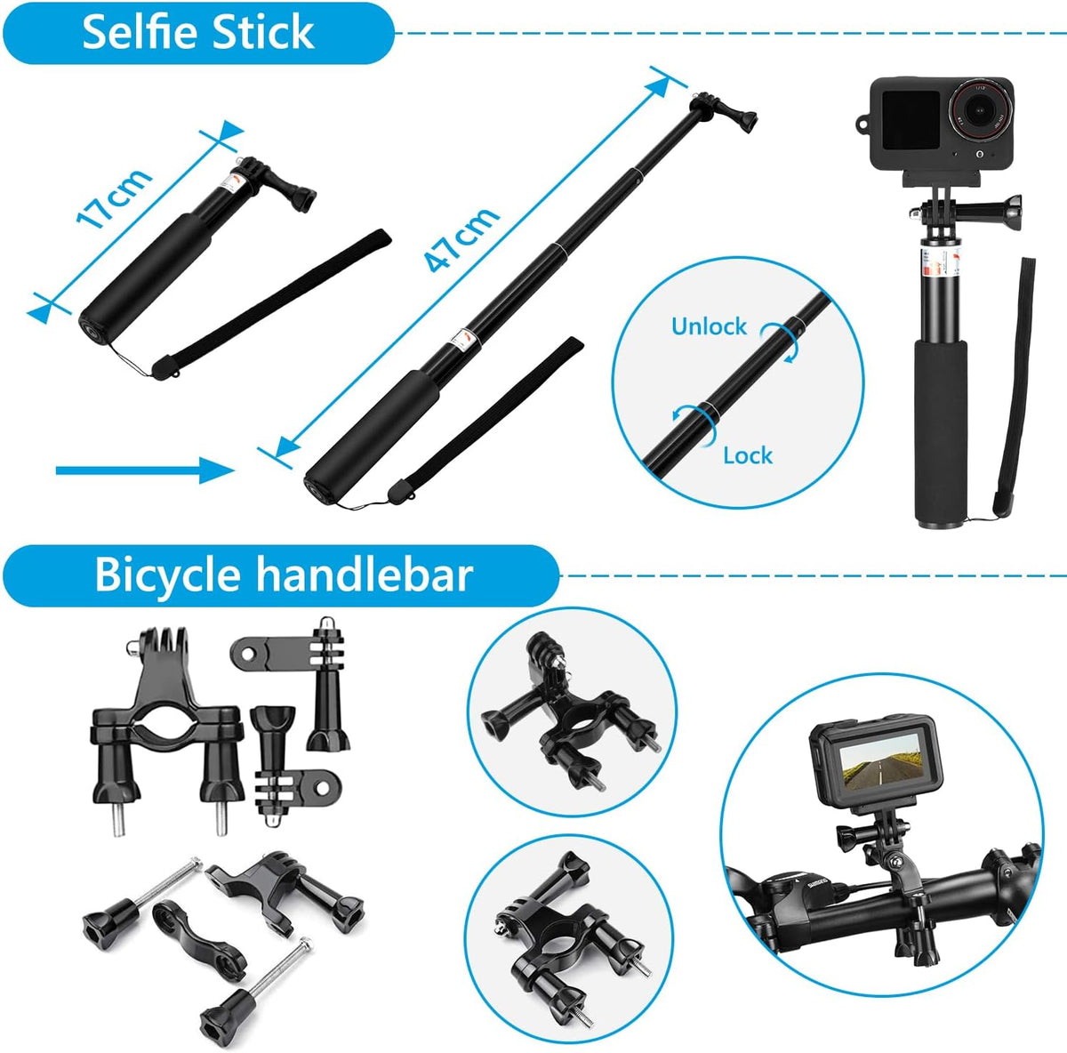 Accessories Kit for DJI Osmo Action 5 Pro/4/3 Black, SGIP Waterproof Protective Cover Housing Bike Mount Selfie Stick, Accessory Set