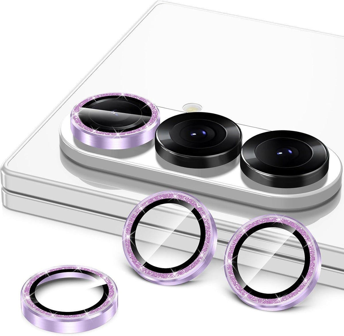 for Samsung Galaxy Z Fold 7 Camera Lens Protector, Individual Metal Ring Tempered Glass Lens Cover, [Strong Adsorption] Scratch Resistant Ultra-Thin HD Clear Lens Cover, 1 Set-Purple Sparkly