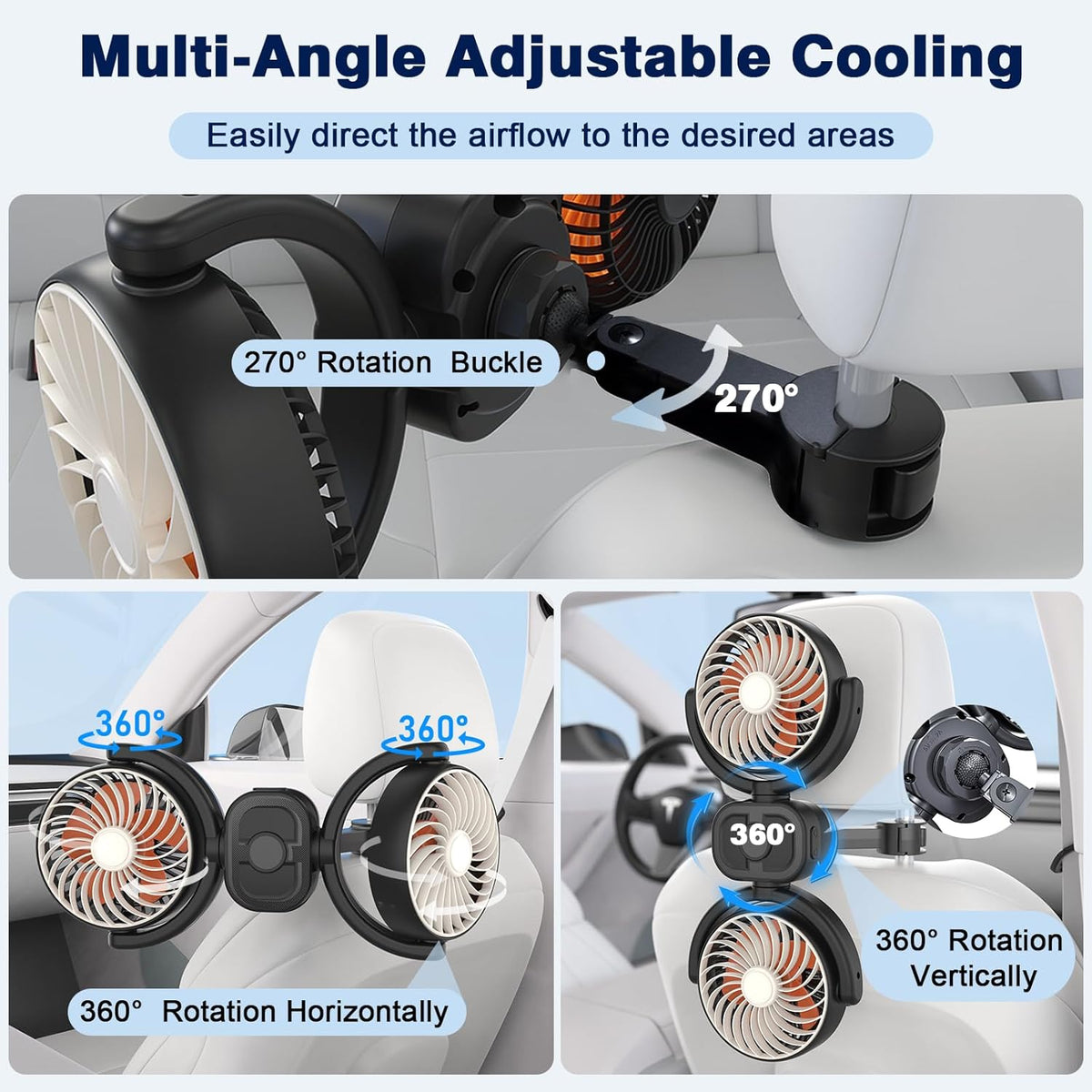5V/2A 3 360 Hayousui Backseat Car Fan for Kids: Battery & USB Powered Rear Seat Car Cooling Fans, Speed Independent