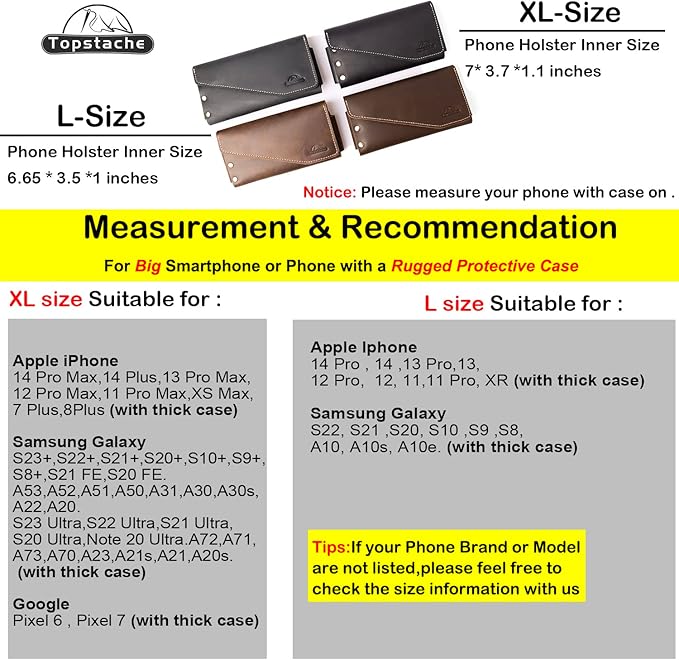Topstache Belt Loop Leather Cell Phone Holster for iPhone 17/16/15 Pro Max, Galaxy S25/S24 Ultra - Magnetic Closure Cell Phone Pouch - Leather Belt Holder Fit Protective Case on, XL,Black