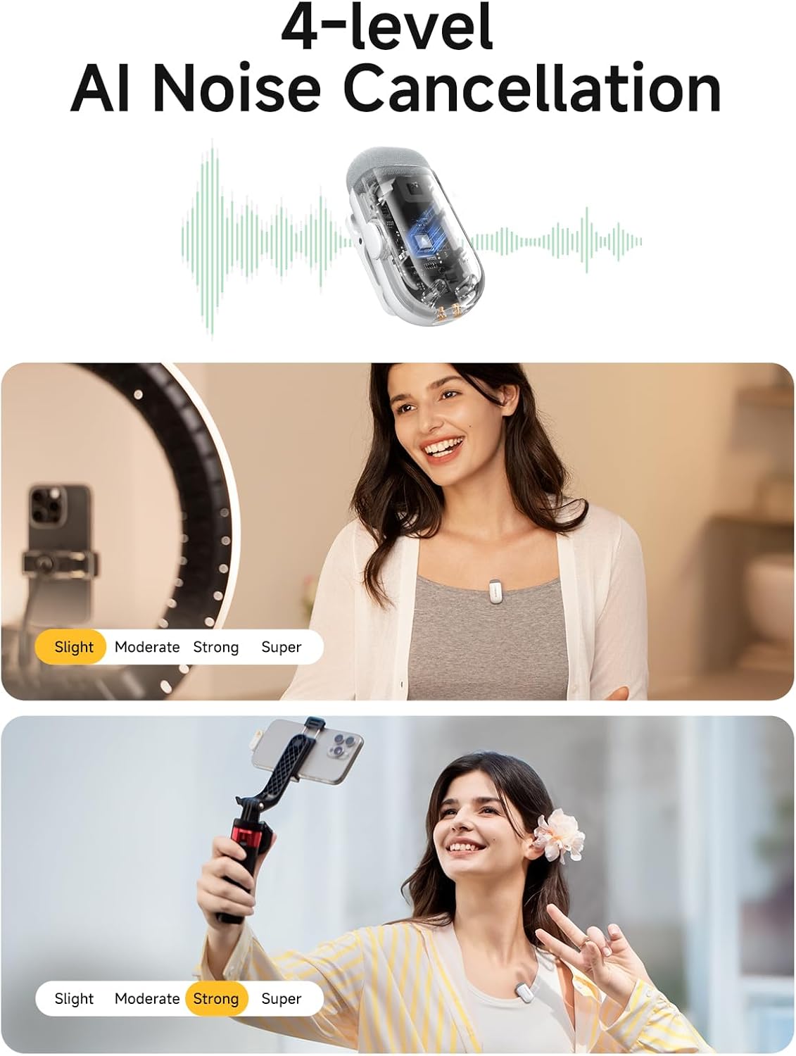 MAONO Wave T1 Mini Wireless Lavalier Microphone for iPhone 16 15 Android Tablet with USB-C Plug, Noise Cancellation, AI Voice Filter, 30H Used with Charging Case for Video Recording TikTok-White