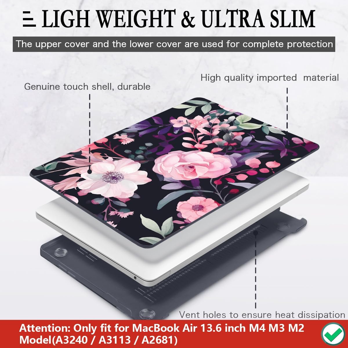 CISSOOK Compatible with MacBook Air 13.6 inch Case 2025 2024 2022 Release Model A3240 A3113 A2681, Flower Plastic Hard Shell Case Black Cover for MacBook Air 13 inch M2 M3 M4 - Pink Flowers