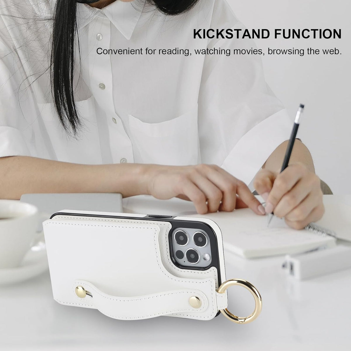 Folosu for iPhone 12/12 Pro Wallet Case with Card Holder, Hand Wrist Strap Loop Holder Kickstand, RFID Blocking Finger Grip Ring PU Leather Double Buttons Shockproof Cover 6.1 Inch (White)